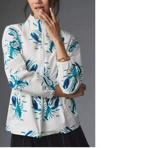 new ANTHROPOLOGIE Pepaloves Lobster Print Rain Jacket size S nwt blue white